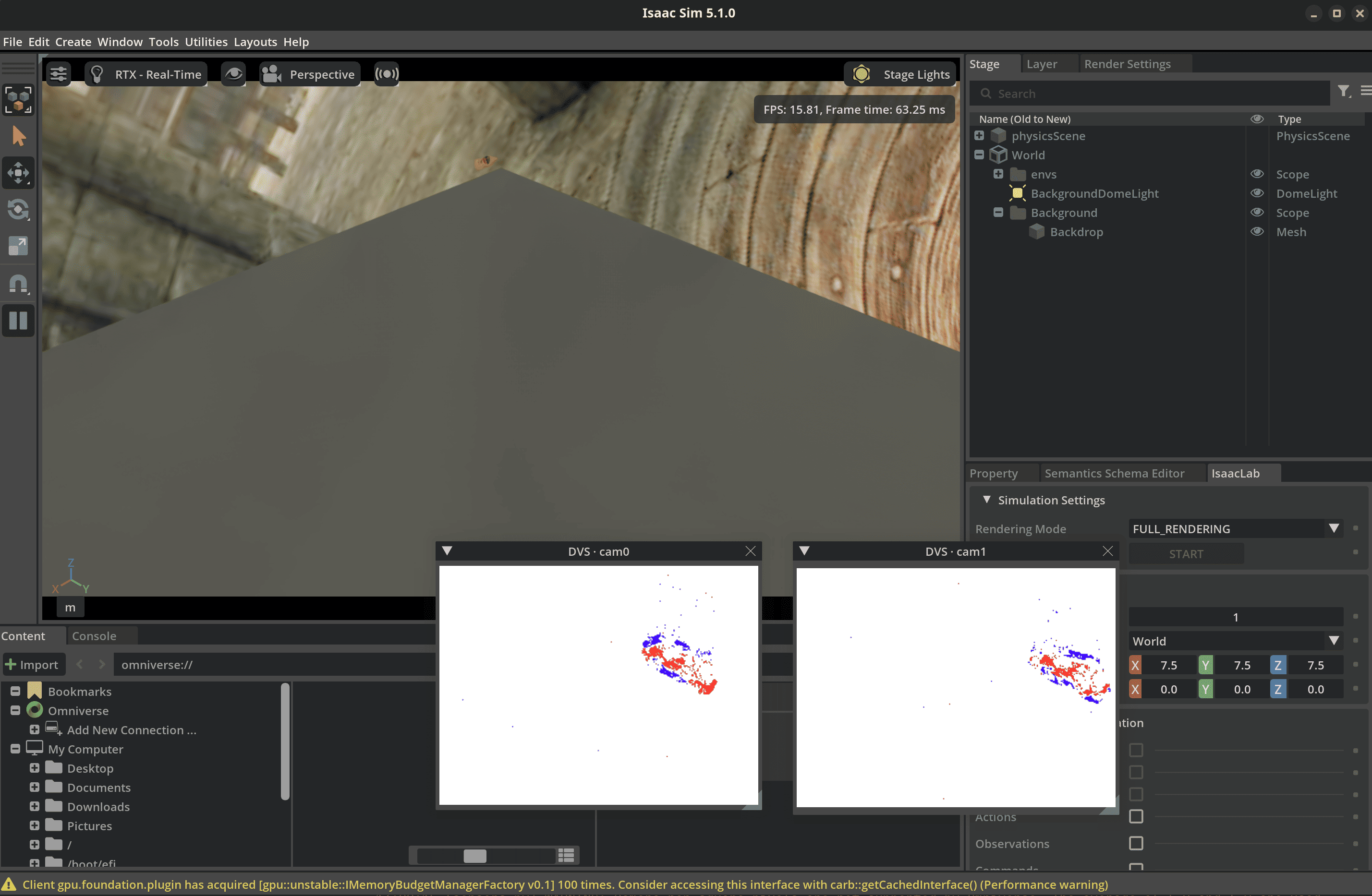 Isaac Sim event camera live-preview interface